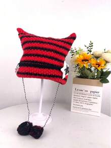 1pc Punk Gothic Y2K Cute Black & White Striped Cat Ear Knit Beanie, Women's Warm Crochet Demon Hat, Autumn/Winter - A - View 11