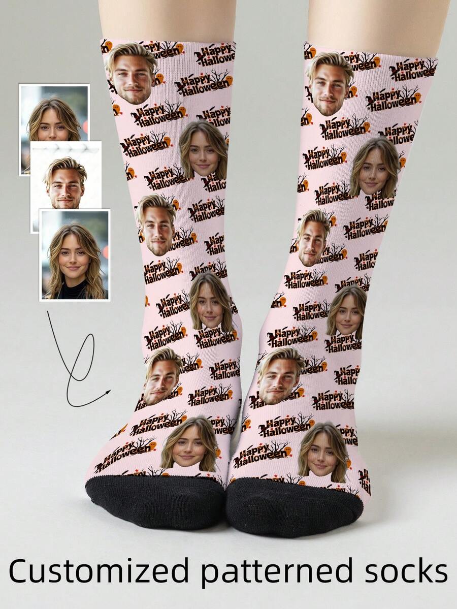 1 Pair Customizable Men's Mid-Calf Socks With Personalized Face Pattern, Any Face Can Be Printed On Socks, Personalized Photo Socks, Fun Custom Image Mid-Calf Socks, Suitable For Valentine's Day, Birthday, Gift, Halloween And Other Occasions, Personalized Customization