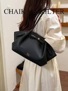 CHAIKA & KILTER 1pc Solid Color PU Fabric Shoulder Bag, Women's Casual Litchi Texture Large Capacity Tote Bag With Pleated Design, Adjustable Waist Belt Decor, Dual Handles, Magnetic Closure, Suitable For Travel, Shopping, Dating, Women's Gift, Ideal For Teenage Girls, College Students, Beginners And White-Collar Workers, Perfect For Office, Campus, Work, Business, Commute, Outdoor, Travel, Outing - Black - View 7