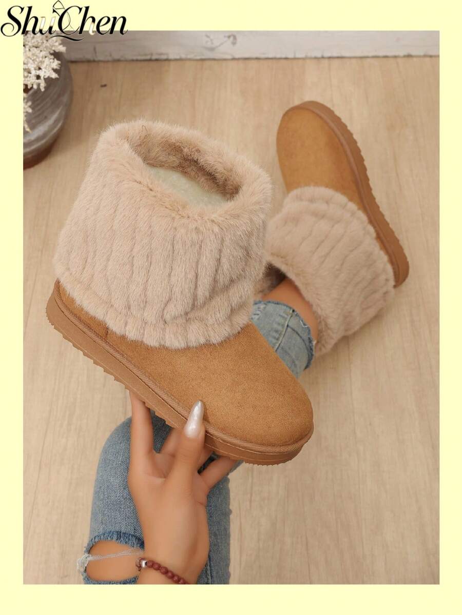1 Pair Chic Furry Cuff Winter Boots For Women Winter Shoes For Daily Dating Shopping Weekend Gathering Casual Street Look - Brown - View 1