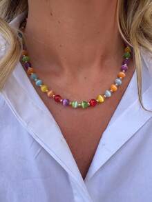 Sun-Activated Color-Changing Resin Beaded Necklace, Rainbow Color Effect, Fun Y2K Resin Choker Necklace Women's Accessory - Multicolor - View 2