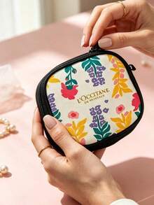 L'Occitane Provence Floral Print Square Fabric Makeup Bag Portable Mini Storage Pouch For Travel Daily Use Birthday Holiday Gift For Women LOCCITANE‑GIFT‑19 - Black+White+Yellow+Green - View 4