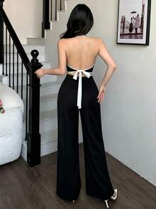 Conjunto 2 Piezas Top Halter Espalda Descubierta y Pantalones Anchos, Elegante Outfit para Salir y Oficina, Estilo Chic Formal para Mujer - Negro - Ver 3