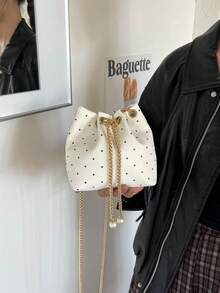 Mini New Fashion Straw Woven Gold Chain Drawstring Bucket Bag Beach Bag - White - View 7