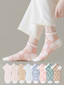 ZUJO 5 Pairs Women's Lace Ruffle Short Socks, Floral, Cable Knit And Bowknot Patterns, Simple And Comfortable, Suitable For All Seasons, French Country Style, Random Color - Multicolor - View 2