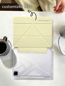 1pc Transparent Acrylic Y-Fold Milk Yellow Tablet Case With Custom Text/Personalized Text, Compatible With IPad Mini6/7/Air/Air2/9.7/10.2/10.5/10.9 (Air4-Air8)/Pro 11/10th Gen/A16 Model, Fully Transparent Acrylic Back Shell, Silk Texture 8-Fold Cover, Adjustable Stand, Auto Sleep/Wake, Built-In Pencil Slot, Pencil Not Included, Some Models With Camera Frame - Cream Yellow - View 5
