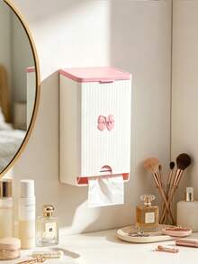 Cute Bow Wall-Mounted Tissue Box, Bathroom Sanitary Napkin Storage Box, Vertical Striped Textured Shell, No-Drill Adhesive Wall Installation. Smooth Dispensing Opening, Can Hold Face Towels, Tissues, Flip-Top Design For Easy Refill. White And Pink Contrast Color Girly Style, Suitable For Bathroom Vanity, Frees Up Countertop Space, Practical Home Storage For Face Towels And Tissues. - Multicolor - View 11