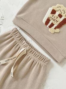 2Pcs/Set Infant/Toddler Popcorn Fleece Embroidered Sweatshirt Set, Spring/Autumn Round Neck Long Sleeve Top & Solid Color Casual Pants, 2 Pieces Children's Outfit - Khaki - View 10