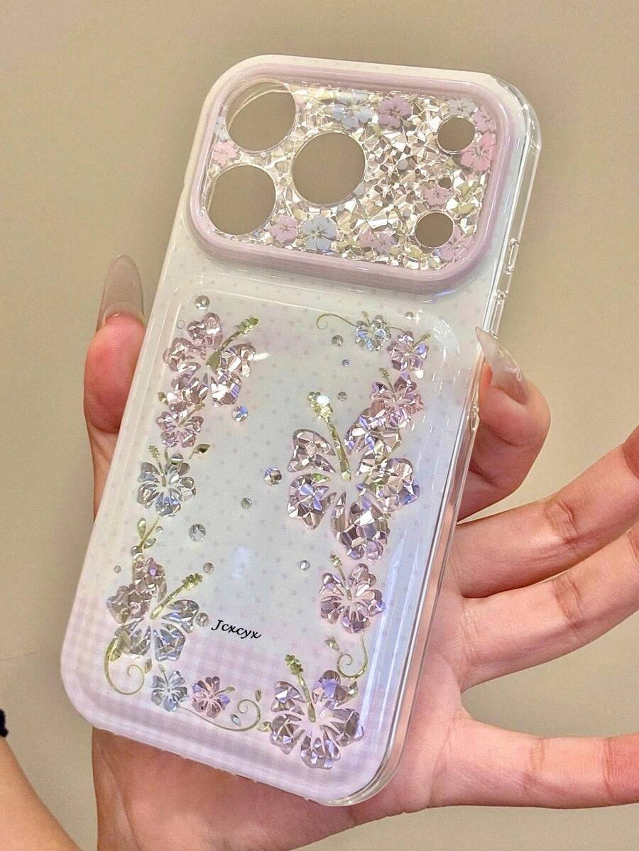 Luxury Vine Hibiscus Polka Dot Plaid Laser Asymmetrical Rhinestone Sequin Pattern Camera Protection Phone Case, Compatible With IPhone 18 Pro Max 18 Pro 17 Pro Max 17 Pro 16 Pro Max 15 Pro Max 14 Pro Max 13, Pink Soft Edge Raised Airbag Glitter Protective Shell - Flowers - View 1