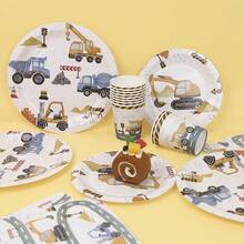 10/20/80pcs Construction Theme Birthday Tableware Set, Includes Paper Plates, Cups, Napkins, Suitable For Birthday Party Decoration, Baby Shower, Party Supplies - View 2