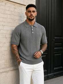Lookun Men's Polo Shirt, Polo Collar, Short Sleeve, Knit, Loose Fit, Straight Cut, Business Casual, Spring/Summer - Grey - View 2