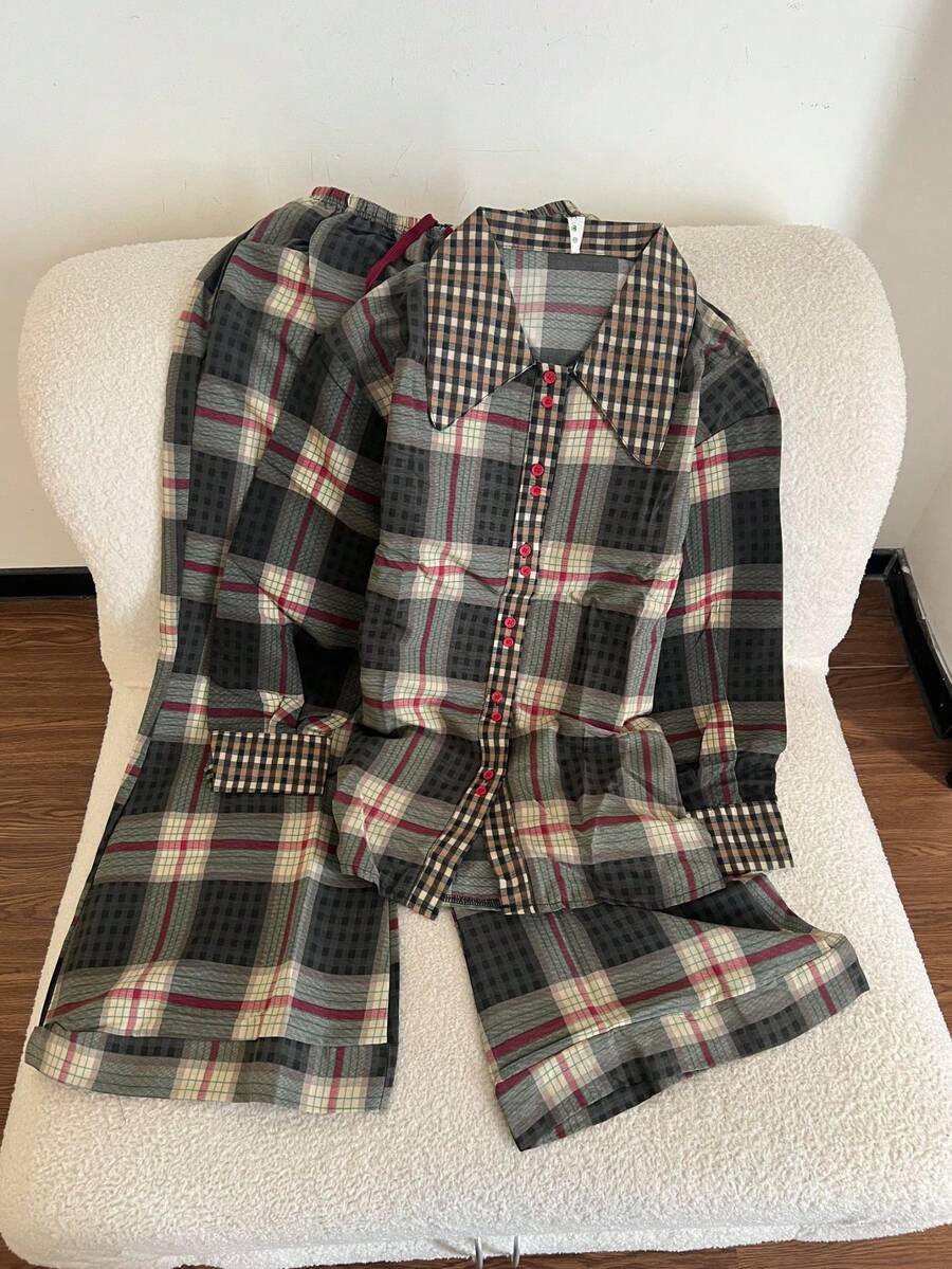 Contrast Plaid Women's Pajamas Slouchy Home Wear 2pcs Set - Multicolor - View 1
