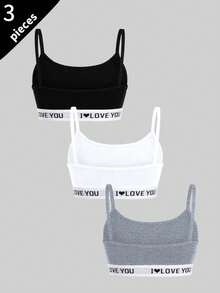 3pcs Tween Girls Camisole Undershirt, Letter Print Wide Bottom Spaghetti Strap Bra, Black Grey White 3 Colors, Skin-Friendly Seamless Breathable Anti-Slip Tank Top - Multicolor - View 3