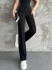 Elegant Casual Commute Minimalist Daily Office Straight Leg Business Trousers Black - Black - View 4
