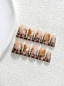 10 piezas de uñas postizas de estilo soñador con mariposa de tono oscuro, set de arte de uñas de poligel, diseño de flor de tres pétalos, esmalte de uñas marrón, estilo de mariposa caramelo, incluye herramientas para uñas, 3 tamaños disponibles, forma almendra/pato/ataúd, adecuado para fiesta, baile, uso diario - Multicolor - Ver 14