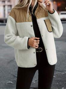 Women's Autumn/Winter Best-Selling Casual Elegant Quilted Plush Contrast Color Patchwork Design Stand Collar Single-Breasted Long Sleeve Thick Coat With Pockets - Khaki and White - View 4