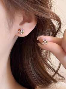 1 Pair Fashionable Exquisite Artificial Zirconia Flower Decor Stud Earrings Suitable For Women Party And Casual Wear - Colorful - View 3