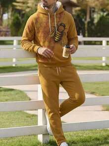 Men's Autumn/Winter Casual Comfortable Bee Print Hoodie & Sweatpants Set - Multicolor - View 3