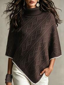 Women's AutumnWinter Fashion Contrasting Colors Knit Poncho High Neck Asymmetric Hem Sweater - Chocolate Brown - View 2