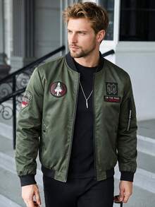 Men's Military Style Jacket, Embroidered Patch Zipper Front Flight Jacket, Baseball Collar Casual Streetwear Outerwear - Army Green - View 3