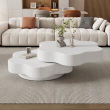 N625P300082083W) طاولة قهوة على شكل زهرة، سطح علوي دوار 360°، طاولة غرفة معيشة دوارة، طاولة أريكة الطبقة، 2 سطح تخزين، سعة حمولة إجمالية موصى بها 30 كجم، MDF، أبيض كريمي - أبيض - مشاهدة 3