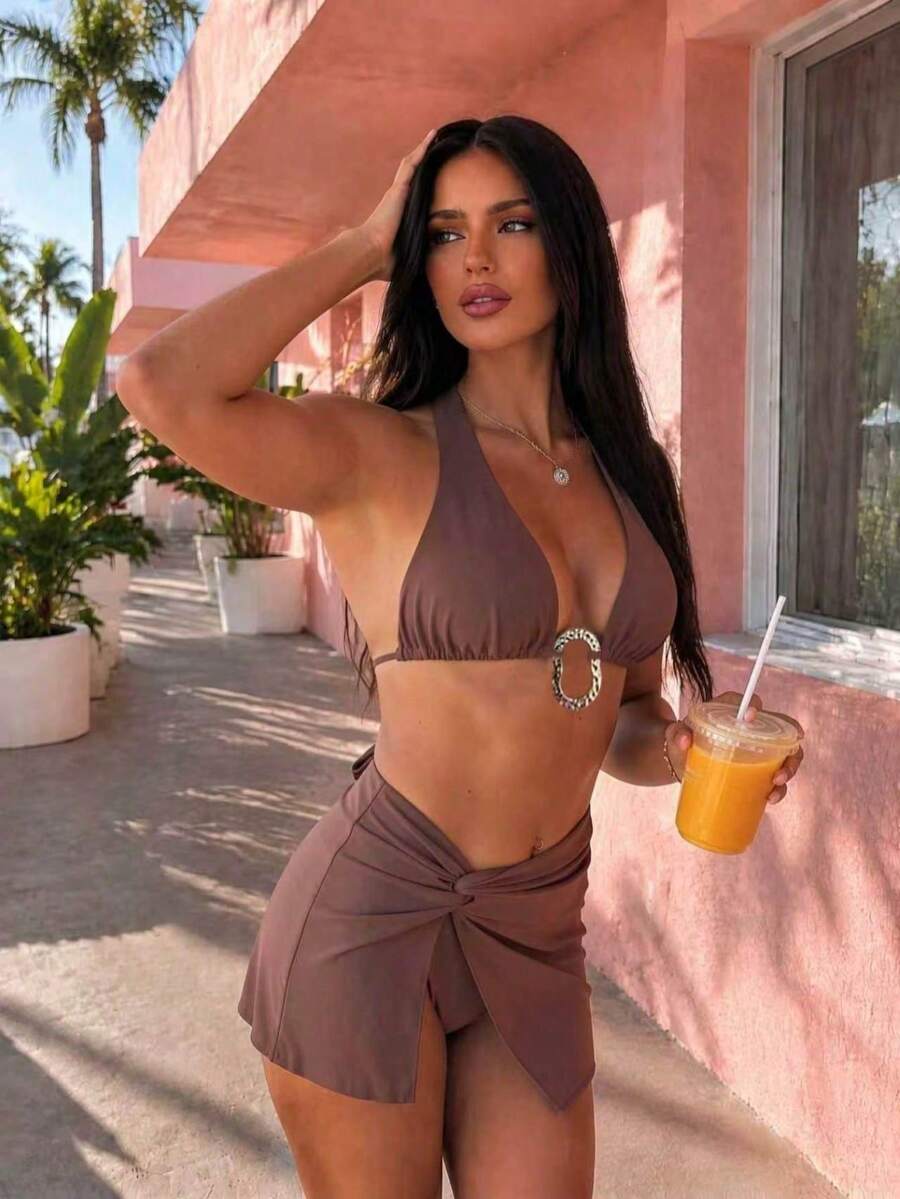 Spring/Summer Halter Neck 3-Piece Bikini Swimsuit Set With Apron, Suitable For Summer Beach, Casual Vacation, Christmas And Halloween - Brown - View 1