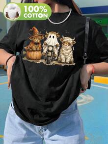 Retro-Style Plus-Size Black Casual T-Shirt Featuring An Embossed Halloween Design (Calf, Pumpkin, And Ghost); Madeof100% Cotton; Perfect For Halloween - Black - View 7