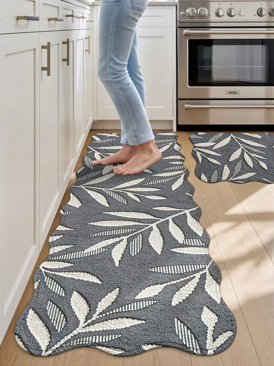 DAJIANG 1pc 3D Printed Woven Long Runner Rug, Leaf Pattern Vintage Grey, Kitchen Rug, Long Hallway Rug, Floor Mat, Suitable For Bathroom, Kitchen, Outdoor Hallway, Bedroom, Living Room, Machine Washable Rug Accessory, Easy To Clean, Entryway Non-Slip Rug, Bedroom Autumn Decor