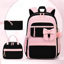 3pcs Fashion Backpack, Handbag, Clutch Bag Set, College Style Double Zipper Closure, Large Capacity Multiple Pockets, Bowknot Decoration, Back Luggage Strap, Suitable For Campus, Travel, Daily Commute School Supplies - Three-piece Set - View 7