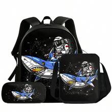 Boys' Astronaut Riding Space Shark Print 3 PiecesBackpack Set, Includes Matching Lunch Bag And Pencil Case, Black Zipper Design, With Adjustable Shoulder Straps, Top Handle And Side Mesh Pockets, Suitable For School, Travel And Daily Use - ASTRONAUT-8 - View 1