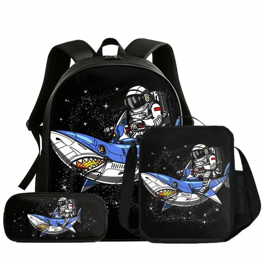 Boys' Astronaut Riding Space Shark Print 3 PiecesBackpack Set, Includes Matching Lunch Bag And Pencil Case, Black Zipper Design, With Adjustable Shoulder Straps, Top Handle And Side Mesh Pockets, Suitable For School, Travel And Daily Use - ASTRONAUT-8 - View 1