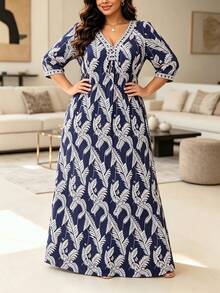 Gaun Motif Longgar Warna Kontras Leher V Terlaris Terbaru Musim Semi/Gugur - Biru laut - View 1