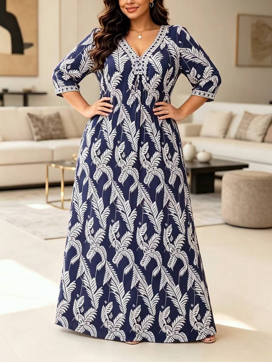Gaun Motif Longgar Warna Kontras Leher V Terlaris Terbaru Musim Semi/Gugur - Biru laut - View 1