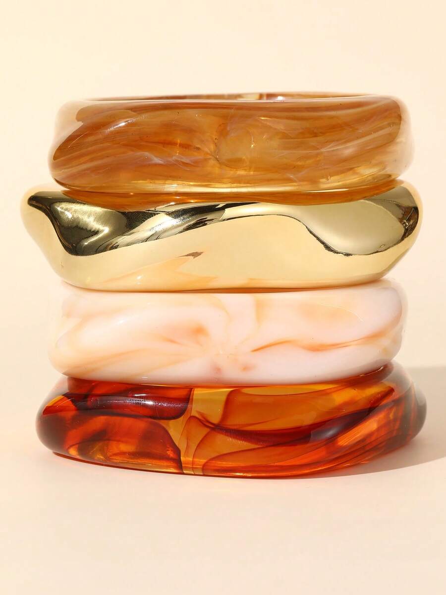 1pc/4pcs Girls Vintage Tortoise Shell Pattern Asymmetrical Wide Cuff Bracelet, Resin & Metal Mixed Distressed Square Bangle Accessory - Multicolor - View 1