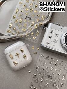 2 Styles Metallic Texture Dark Pattern Decorative Stickers, Suitable For Camera, Earphone Case, Phone Shell, Water Bottle, Storage Box And Other Surfaces, Gold And Silver Tones, Create Personalized Cold Style - Decorative Stickers - View 1