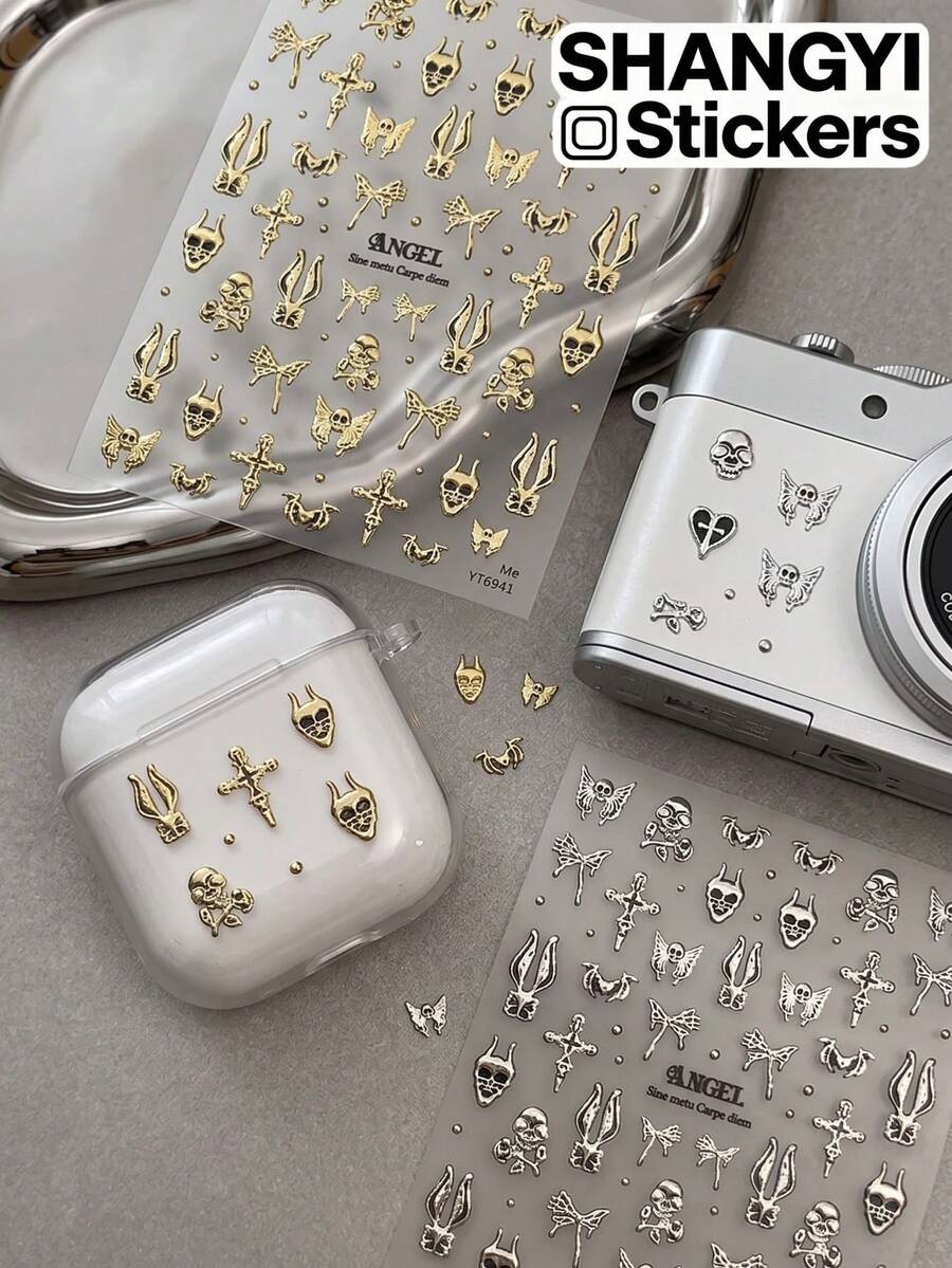 2 Styles Metallic Texture Dark Pattern Decorative Stickers, Suitable For Camera, Earphone Case, Phone Shell, Water Bottle, Storage Box And Other Surfaces, Gold And Silver Tones, Create Personalized Cold Style - Decorative Stickers - View 1