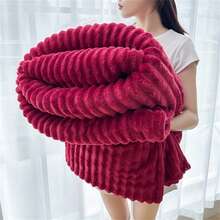 1pc Oversized Striped Blanket, Wide Stripe Cutout Faux Rabbit Fur, Milk Plush, Flannel Throw Blanket, Casual Nap Blanket, Office Nap Throw - Burgundy - View 2