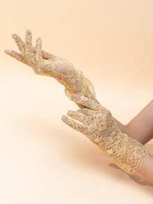 1 Pair Women's Creative Personalized Fashion Design Exquisite Floral Hollow Lace Fingerless Gloves "Due To Lighting, Display And Other Reasons, There May Be Slight Color Difference Between The Actual Product And The Image" - Yellow - View 5