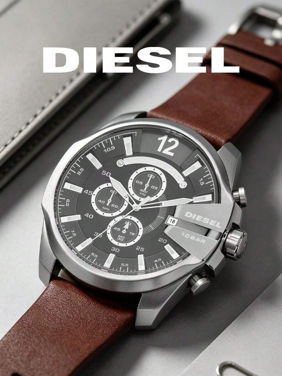 DIESEL Men's Large Dial Quartz Wristwatch, Silver Case, Brown Leather Strap, Multifunction Chronograph, Watch - Grey - View 1