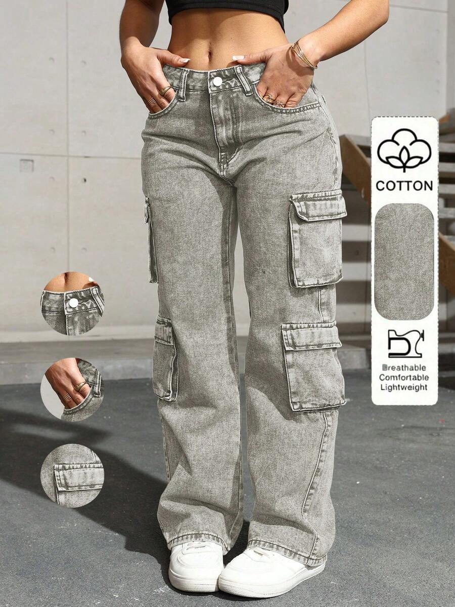 Flap Pocket Side Cargo Denim Jeans Simple Fashionable Daily Casual Spring - Light Grey - View 1