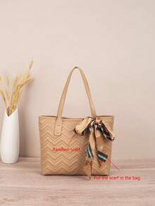 1pc Quilted Diamond Embroidered Large Capacity Lightweight Versatile Commuter Tote Bag With Scarf Decoration - Khaki - View 1