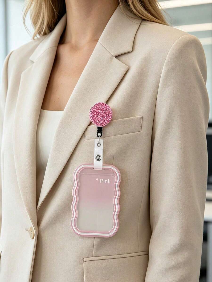 Cute Wavy Edge Gradient Transparent ID Card Holder With Lanyard, Ins Minimalist Soft Silicone Card Sleeve, With Shiny Rhinestone Round Retractable Badge Reel And Detachable Halter, Card Storage Box, Anti-Loss Lanyard,Travel Essential - Multicolor - View 1