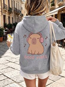 1 st ljusgrå hoodie för tweenflickor med healing music- och kapybara-tryck, GOOD VIBES, mjuk och söt, unisex, för baby, vår och höst, casual - Grå - Visa 2