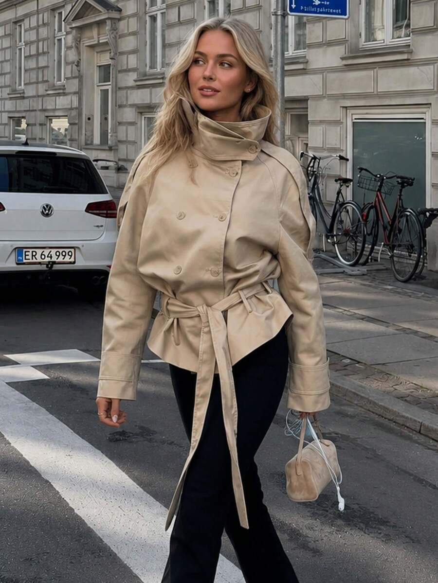Women Fashion Solid Stand Collar With Belt Jacket Casual Loose Double Breasted Coat - Camel - View 1