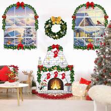 Christmas 5pcs Winter Scene Backdrop Set, Snowy Window, Fireplace, Christmas Tree And Wreath Printed Fabric Decor, Holiday Home Wall Hanging Decoration Set - Multicolor-a - View 5