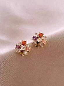 1 Pair Fashionable Exquisite Artificial Zirconia Flower Decor Stud Earrings Suitable For Women Party And Casual Wear - Colorful - View 4