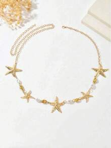 1pc Exaggerated Sexy Metal Starfish Shell Faux Pearl Belt, Ocean Vacation Style, Suitable For Women's Daily, Party And Holiday Wear - Gold - View 3