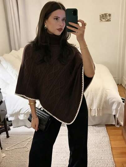 Poncho de punto para mujer con colores contrastantes, cuello alto y bajo asimétrico, suéter de moda otoño invierno