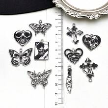 3/10pcs Halloween Gothic Enamel Charms Skull Moth Butterfly Snake Cross Poker Card Pendant For DIY Bracelet Necklace Jewelry Making Findings - Black - View 5