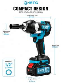 Chave de Impacto MTG 88V Sem Fio Brushless, Ferramenta Elétrica de Alto Torque 1/2", com 2 Baterias, Caixa de Transporte, Carregador e Acessórios para Parafusos e Manutenção Automotiva - Azul - Visão 7
